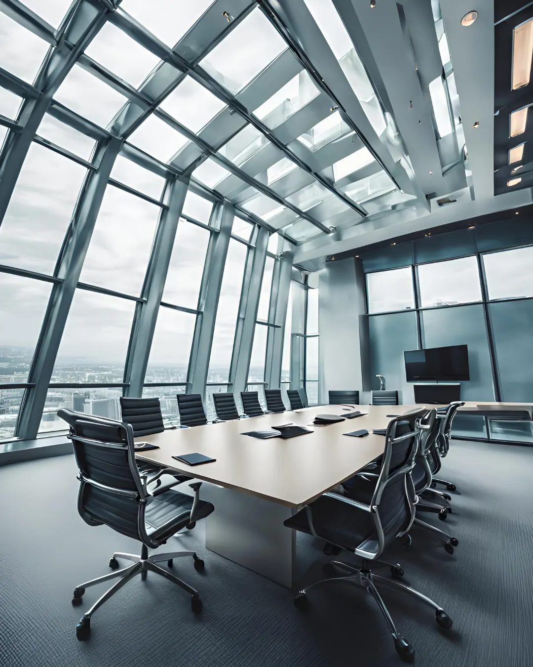 An empty glass-walled boardroom