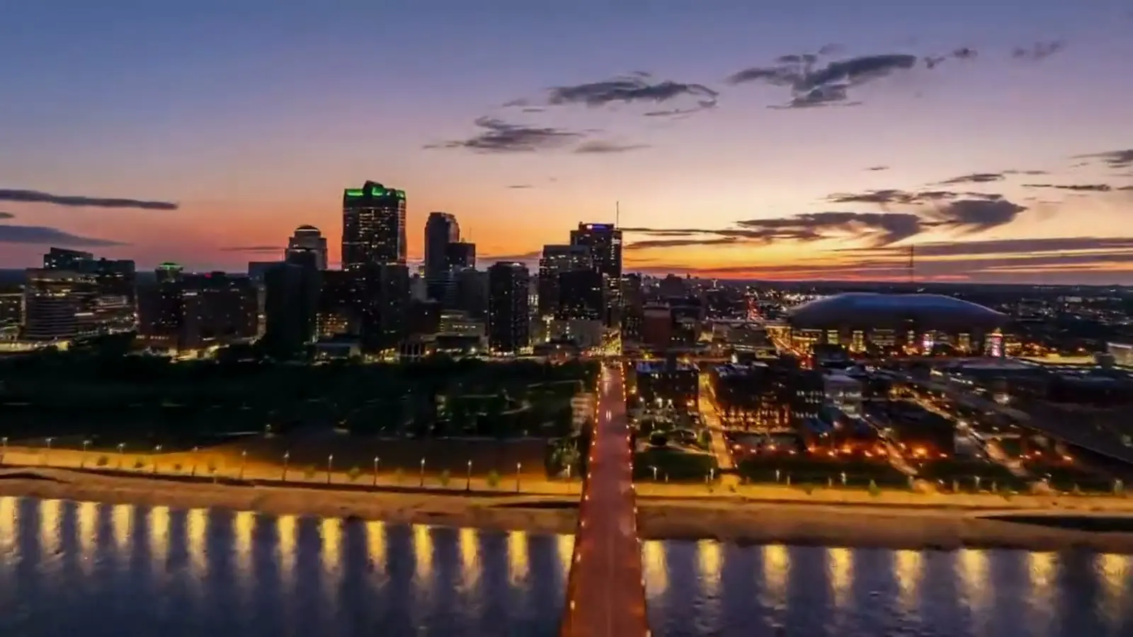A city skyline at dusk
